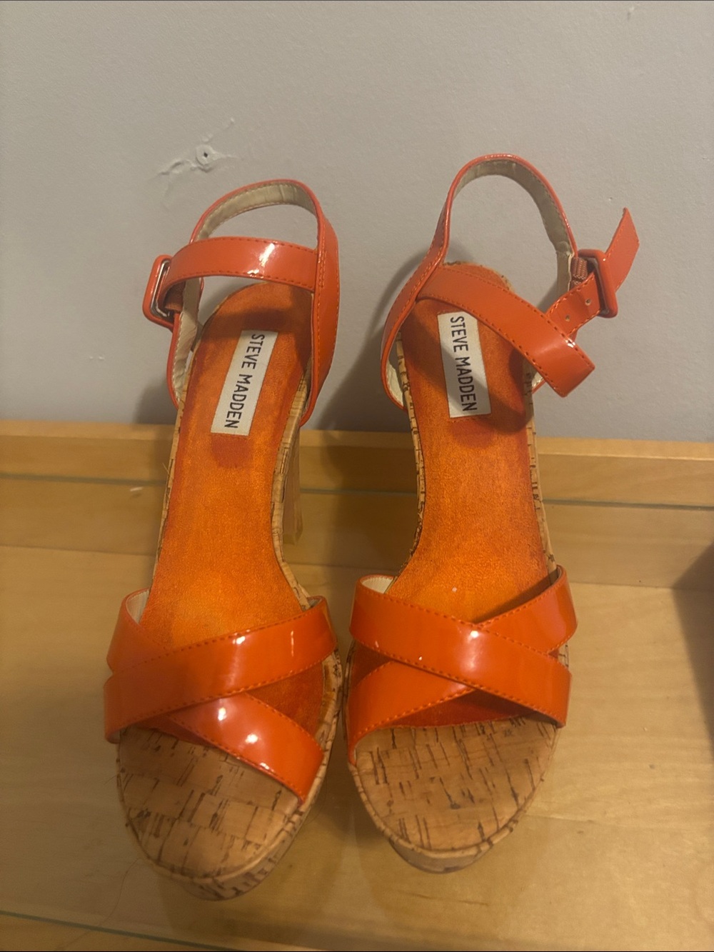 Steve Madden Orange Patent Cork Wedge Sandals